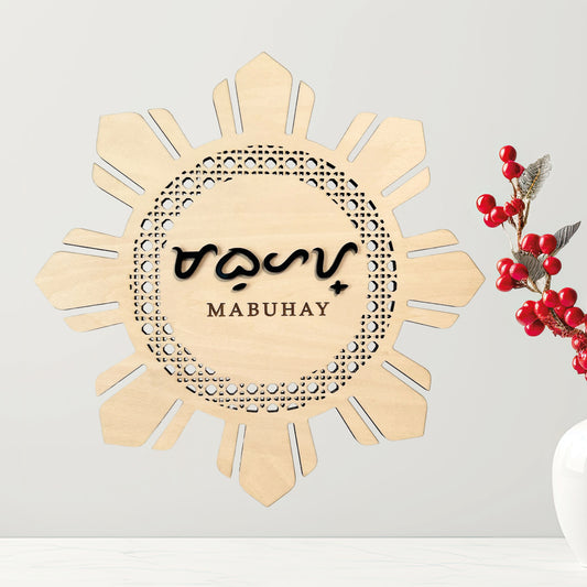 Rattan Philippine Filipino Sun Wooden Plaque in Baybayin Script